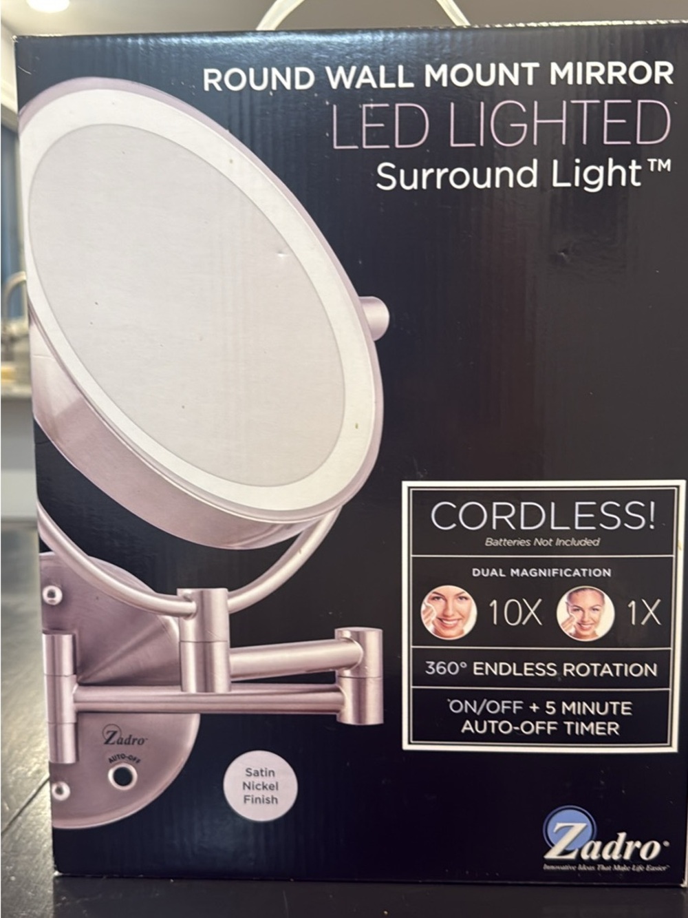 ZADRO Satin Nickel LED Lighted Round Wall Mirror - Cordless, 10x/1x